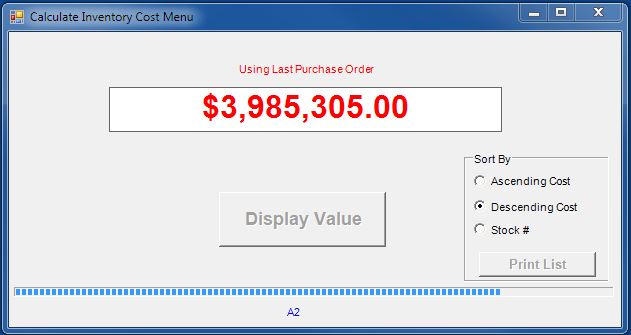 Calculate Inventory Cost Screen