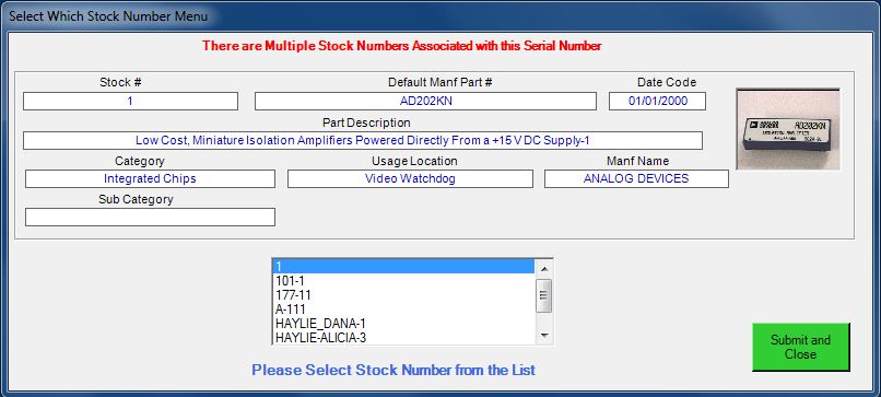 Duplicate Serial Number Selection Screen