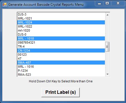 Generate Account Barcode Labels Screen