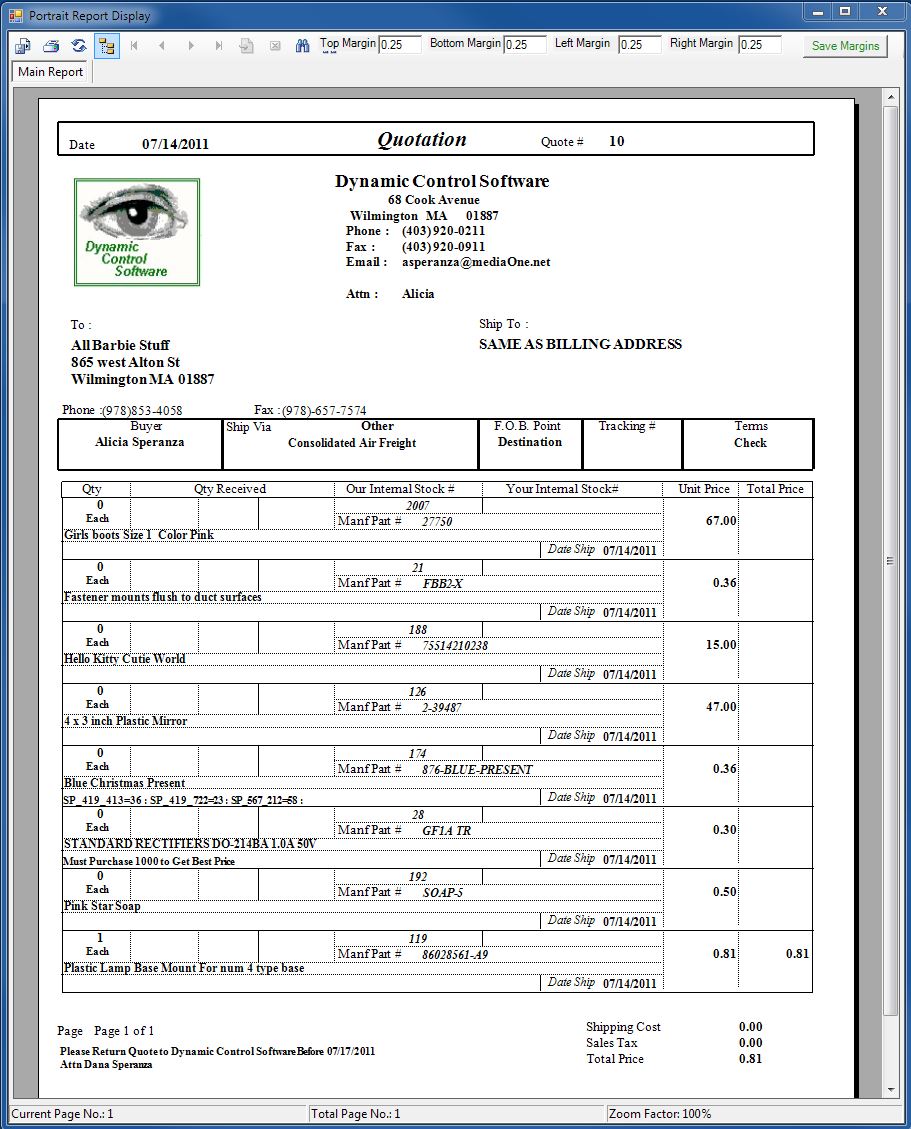 Inventory Packing List Printout