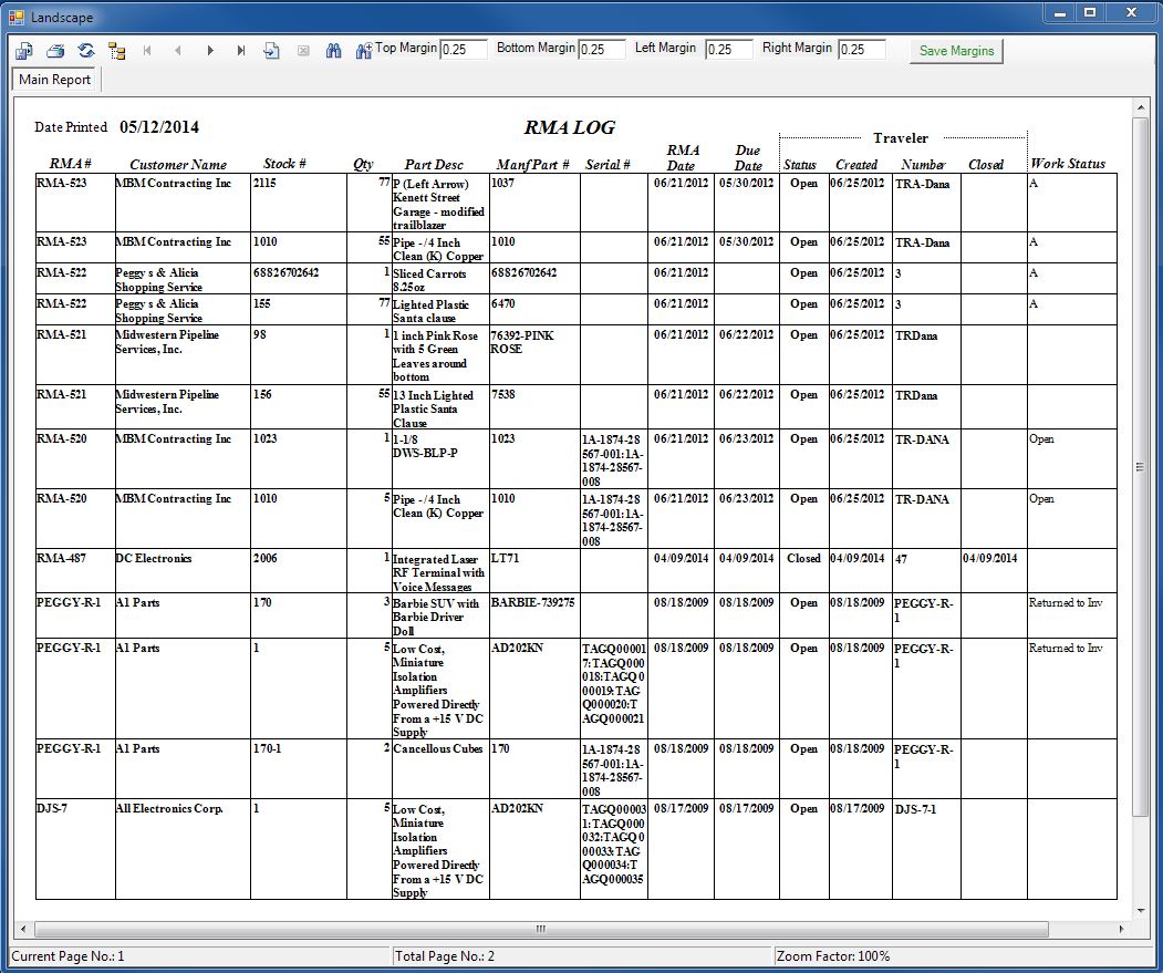 Inventory Software RMA Screen Hard Copy