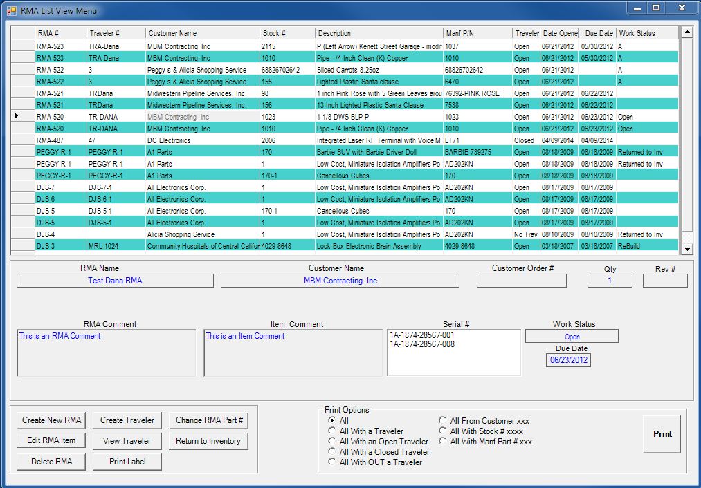 Inventory Software RMA Screen