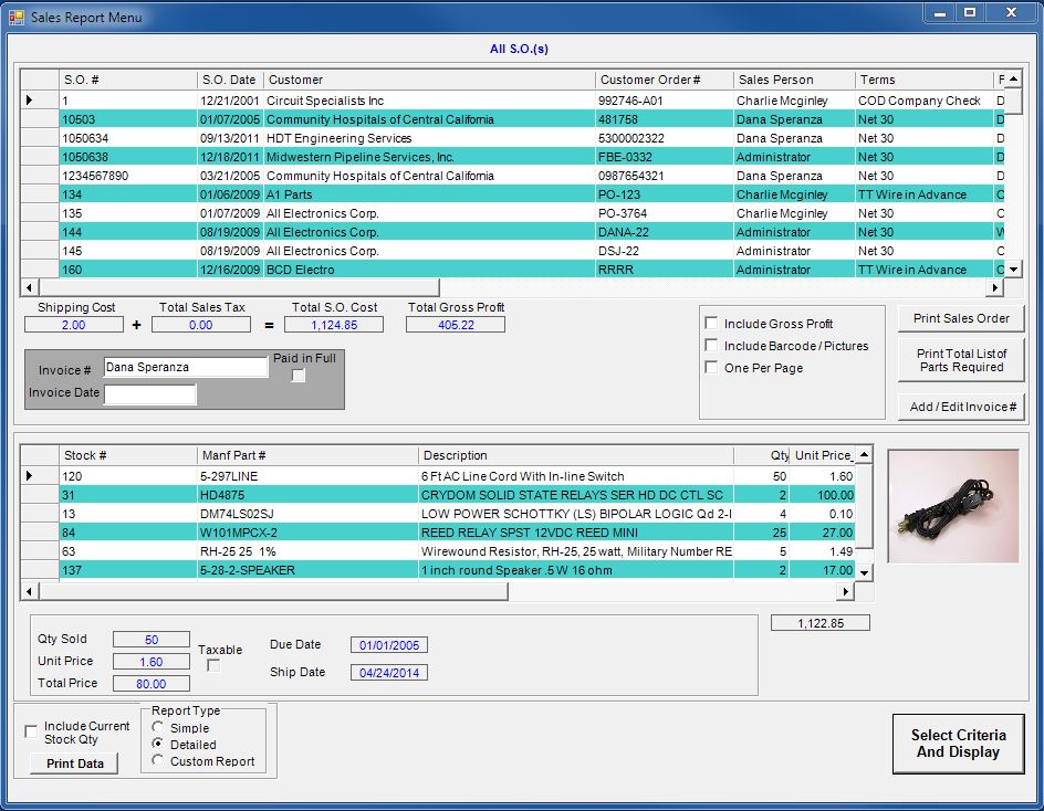 Sales Order Report Screen