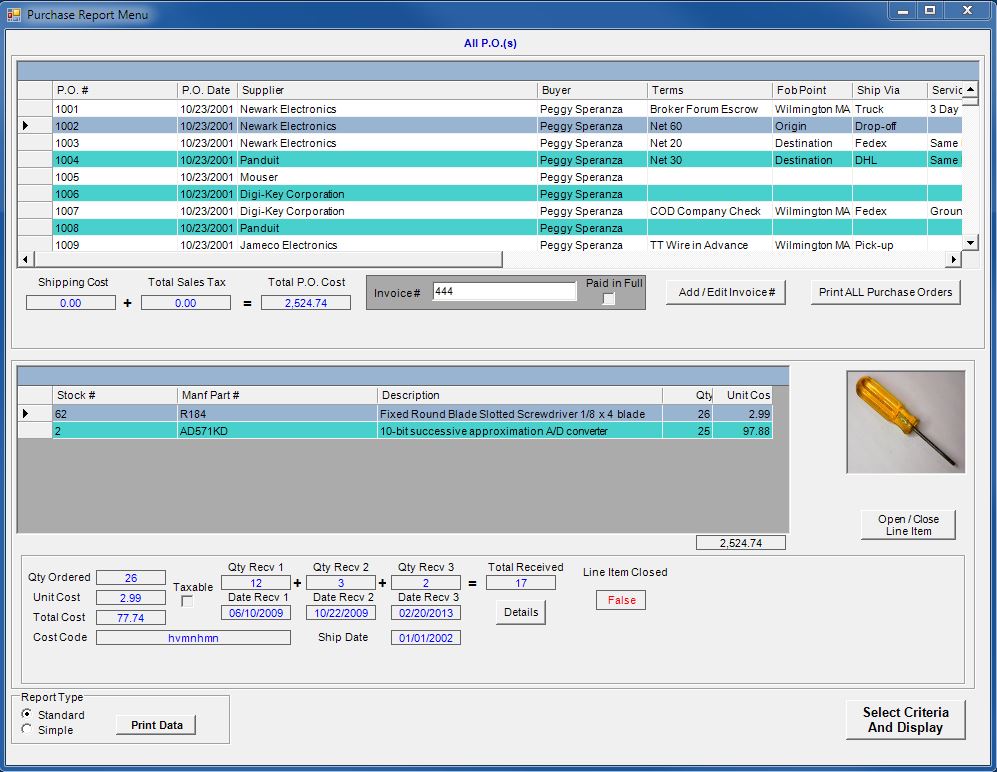 Purchase Order Report Screen