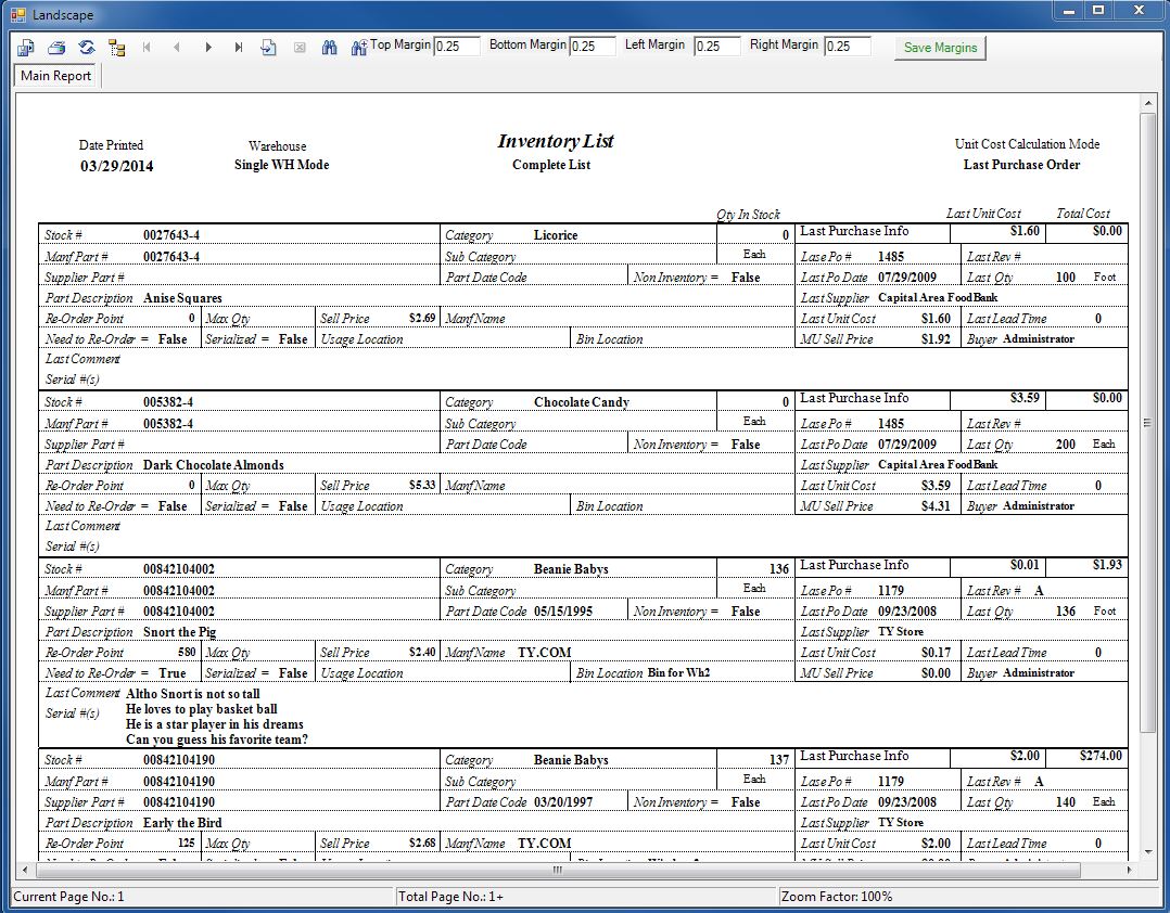 Hard Copy Inventory Report with Purchase Information