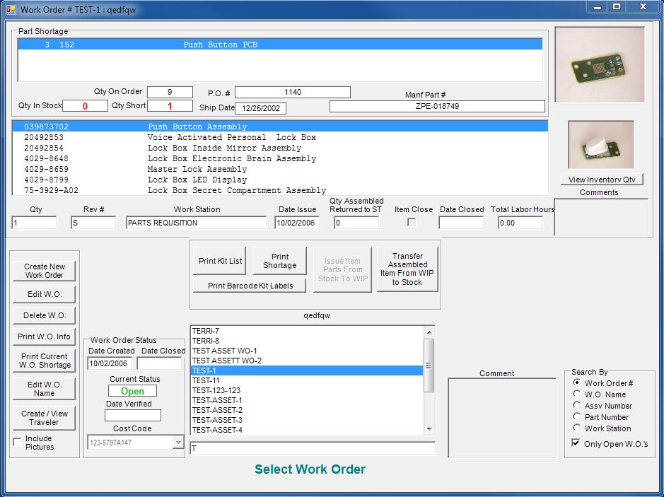 Manfacturing Work Order Screen